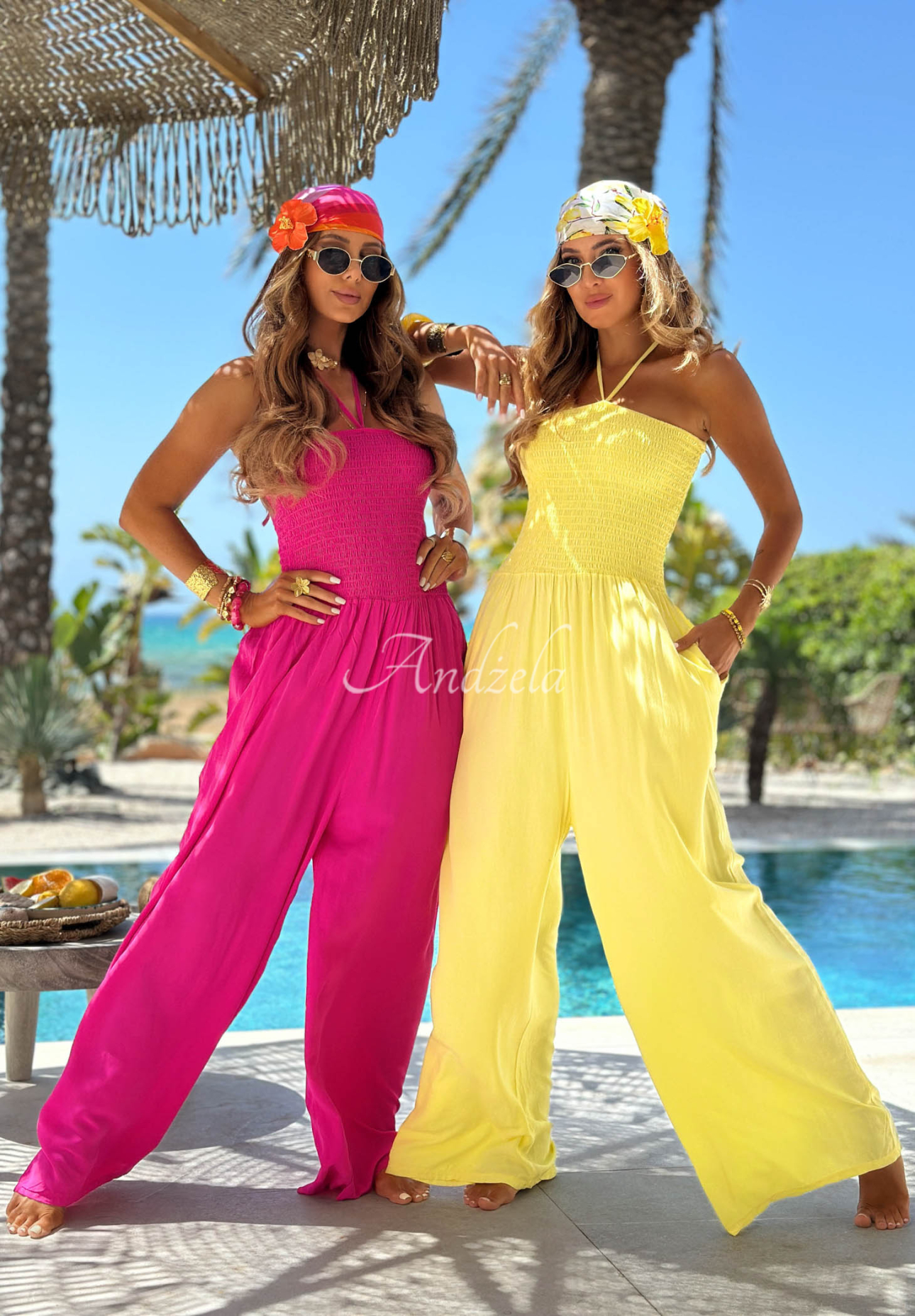 Dlouhý viskózový overal wide leg s vázáním Amalfi Paradise žlutá