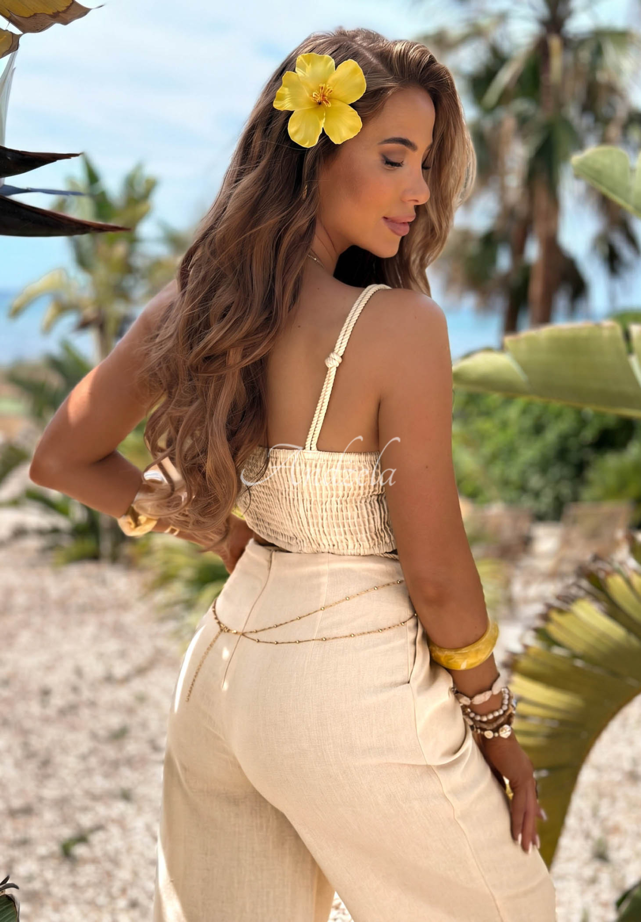 Souprava top a kalhoty wide leg s pletenou aplikací Palm Mirage světle béžový