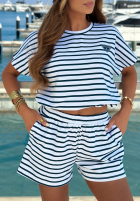 Bawełniany Souprava Halenka i Kraťasy w paski Sunny Stripes Set biało-granátový