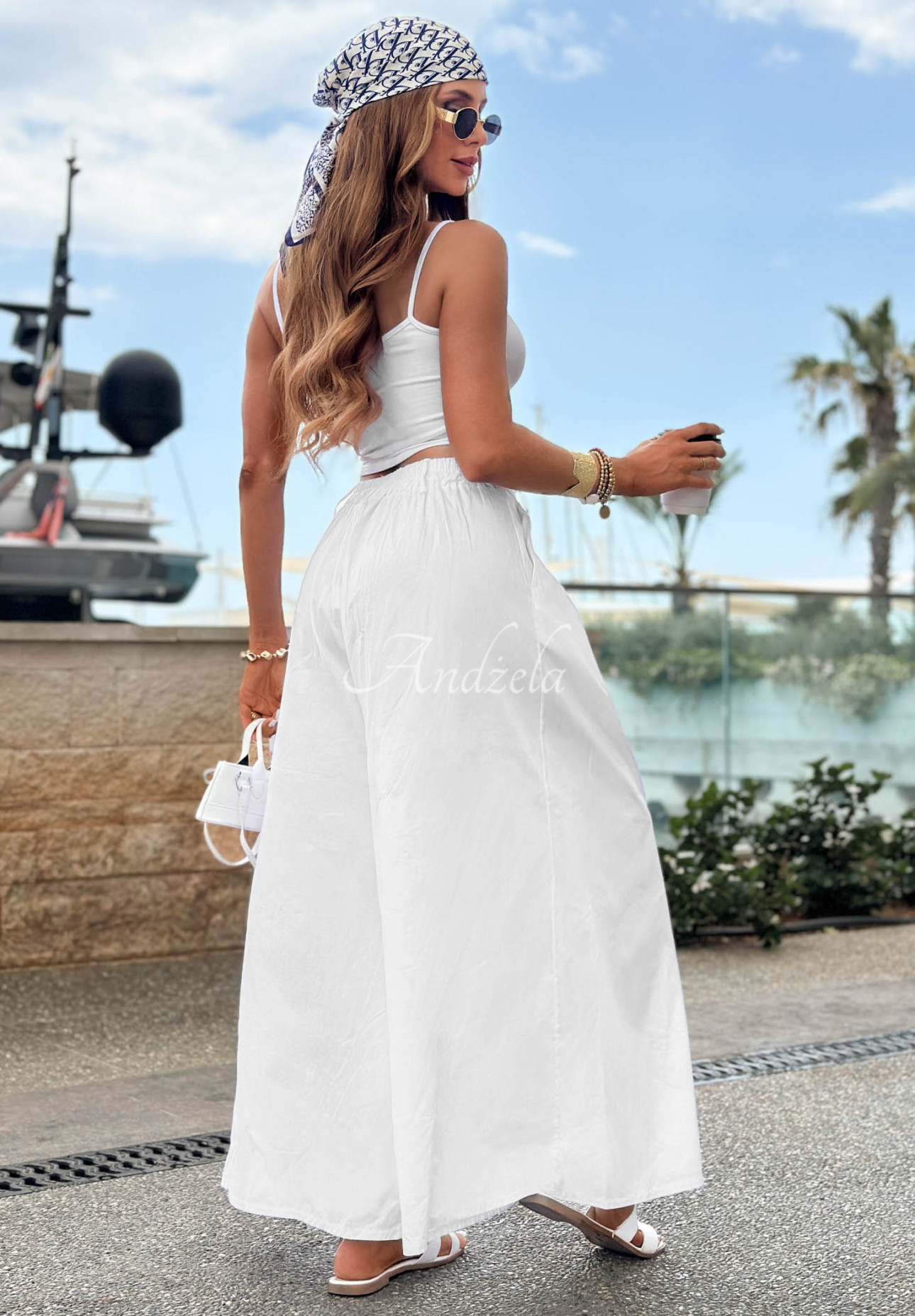 Látkové bavlněné kalhoty wide leg Sea Elegance bílé