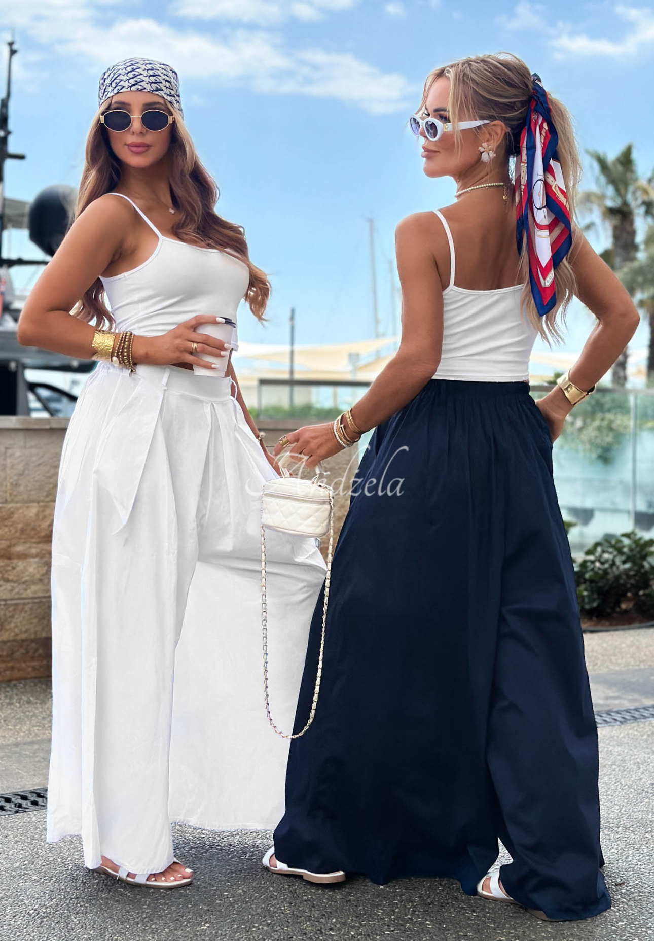 Látkové bavlněné kalhoty wide leg Sea Elegance bílé