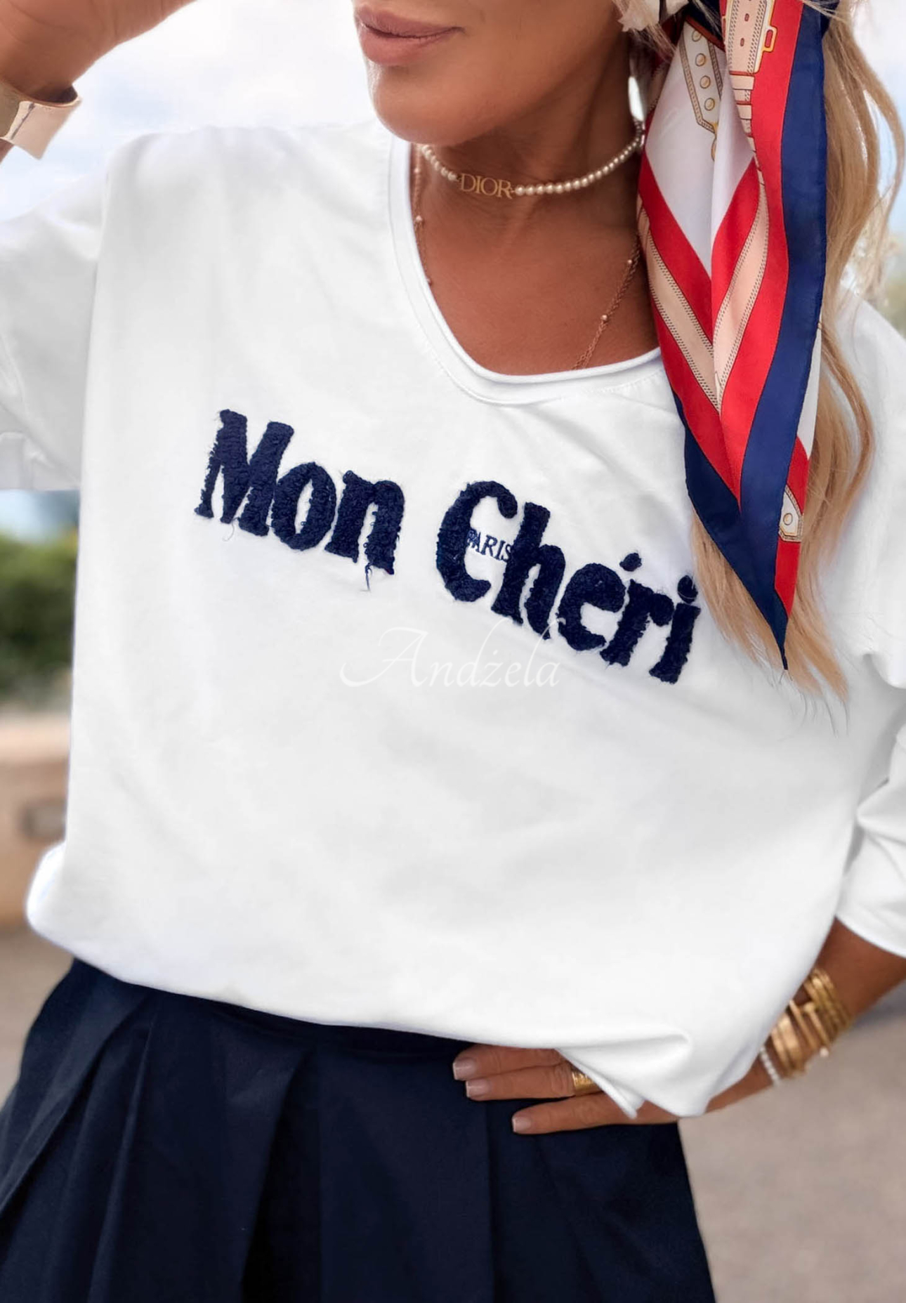 Bavlněné tričko s nápisem Mon Cheri Paris bílo-tmavě modré