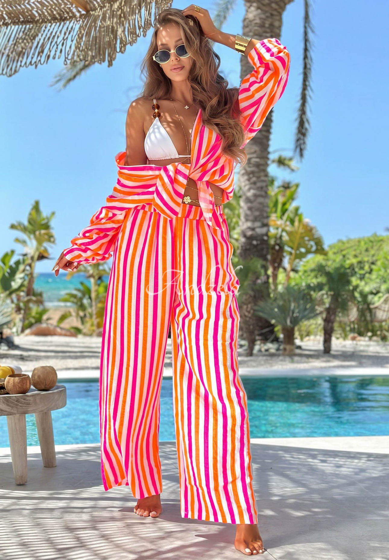 Bavlněná souprava košile a kalhoty s proužky Summer Candy oranžovo-růžová