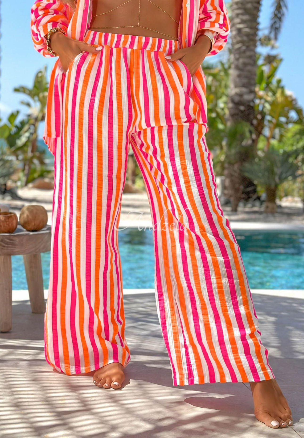 Bavlněná souprava košile a kalhoty s proužky Summer Candy oranžovo-růžová