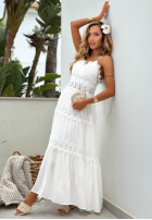 Šaty maxi na ramiączkach z koronką boho Sun Sorella Bílá