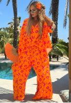 Souprava Košile i Kalhoty wide leg w kwiaty Haiti Flora pomarańczowo-fuchsiový