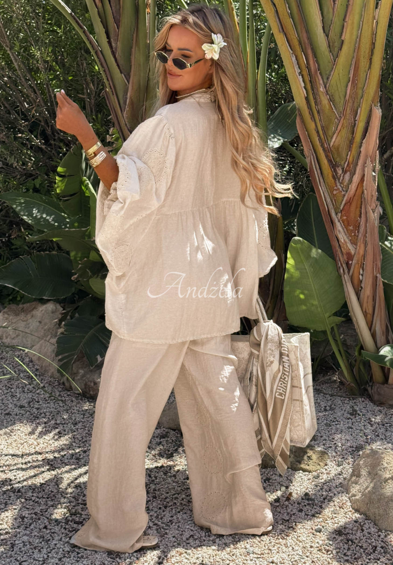 Vyšívané boho kalhoty wide leg z bavlny Ti Amo béžové