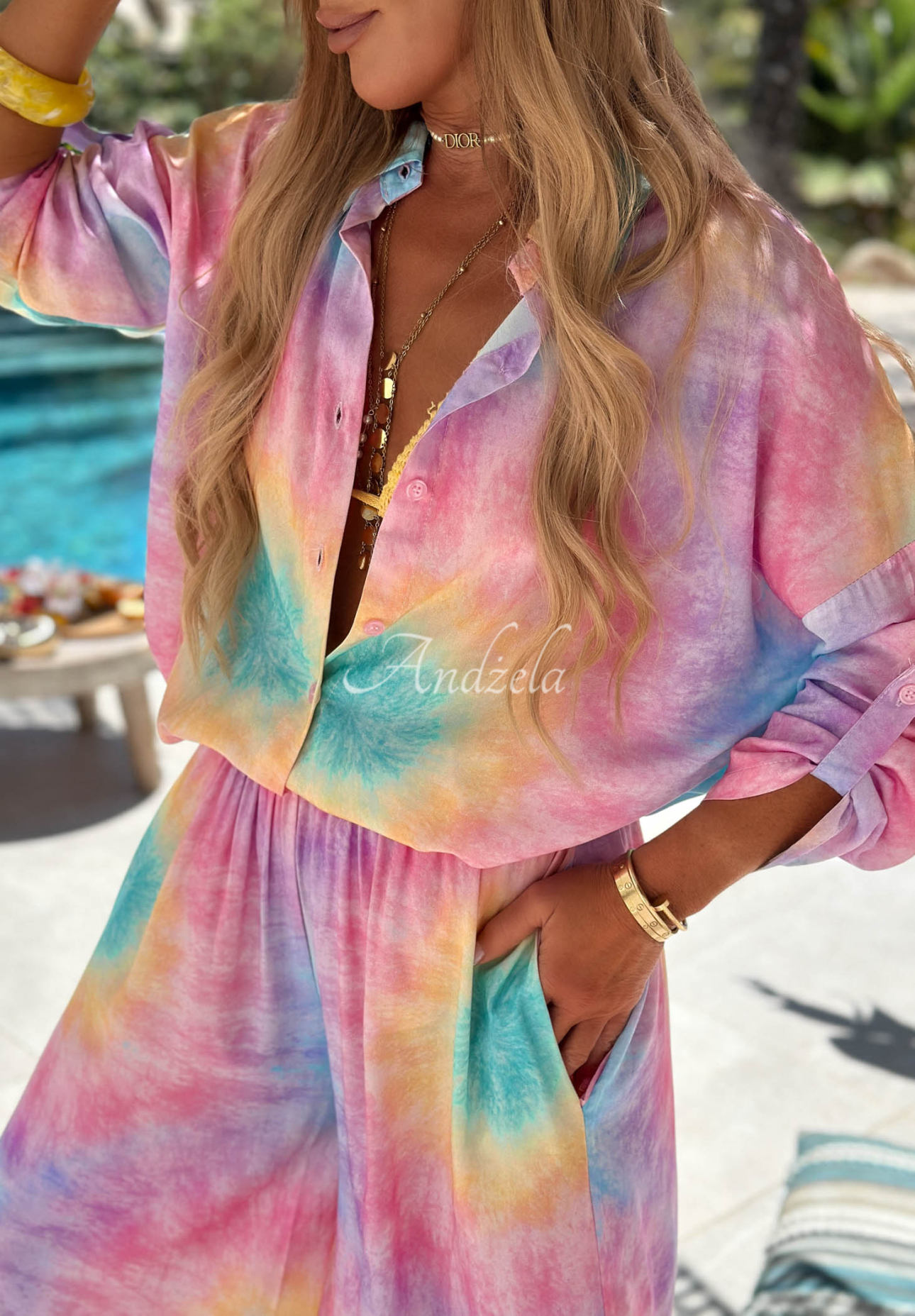 Viskózová souprava košile a kalhoty wide leg tie dye Pastel Tropics růžovo-fialová