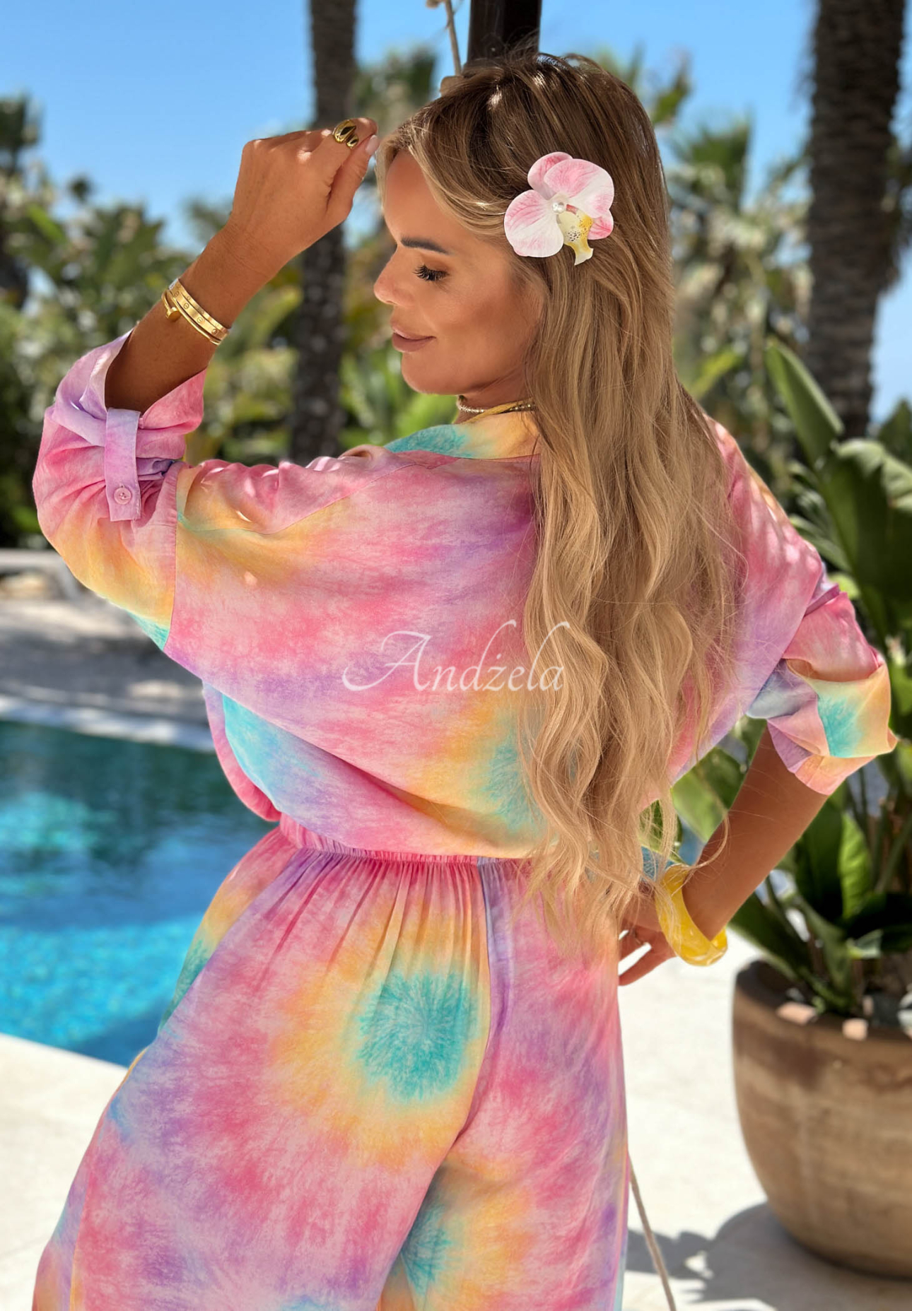 Viskózová souprava košile a kalhoty wide leg tie dye Pastel Tropics růžovo-fialová