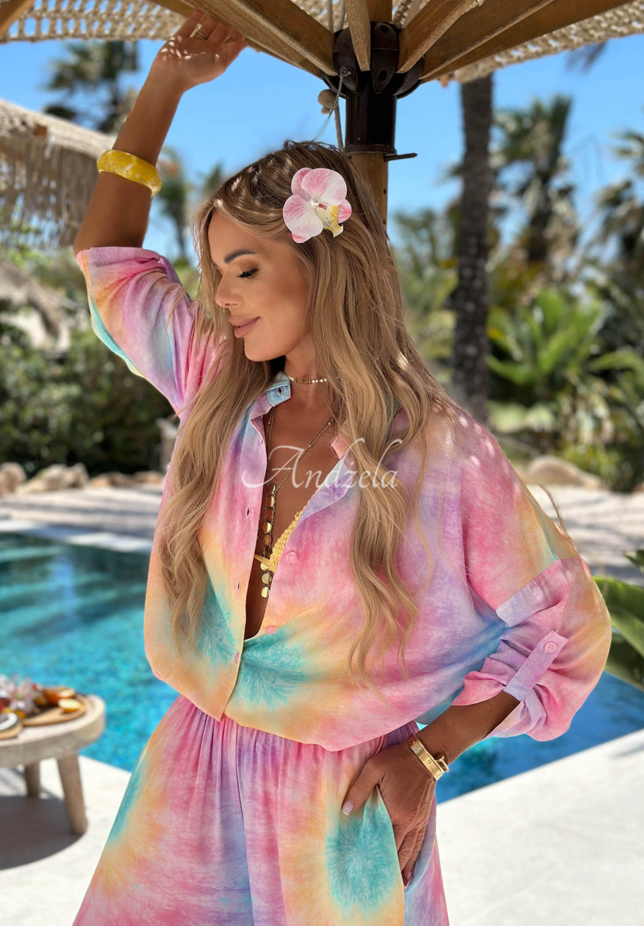 Viskózová souprava košile a kalhoty wide leg tie dye Pastel Tropics růžovo-fialová