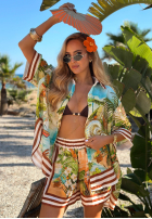 Krótkie materiálové spodenki w egzotyczne wzory Tropical Paradise błękitno-zelené