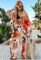 Souprava Košile i Kalhoty wide leg w kwiaty Summer Poppy béžovo-červený