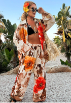 Souprava Košile i Kalhoty wide leg w kwiaty Summer Poppy béžovo-červený