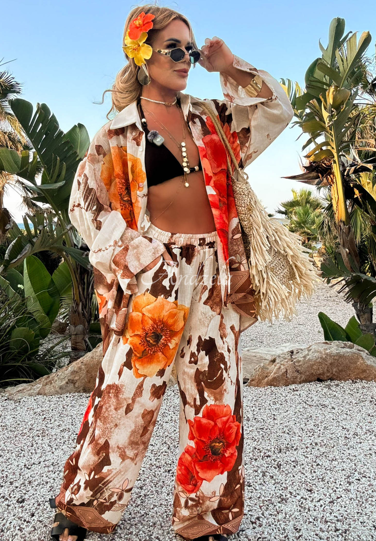 Lněná souprava košile a kalhot wide leg s květinami Summer Poppy béžovo-červená