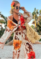 Souprava Košile i Kalhoty wide leg w kwiaty Summer Poppy béžovo-červený