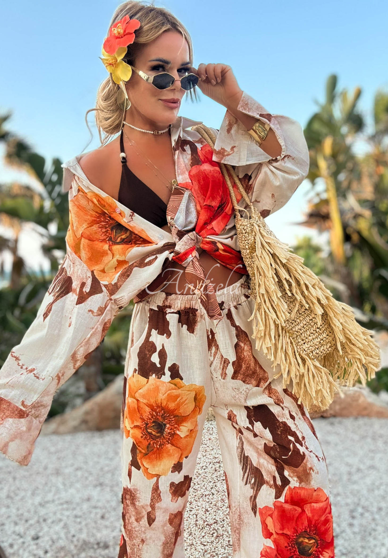 Lněná souprava košile a kalhot wide leg s květinami Summer Poppy béžovo-červená