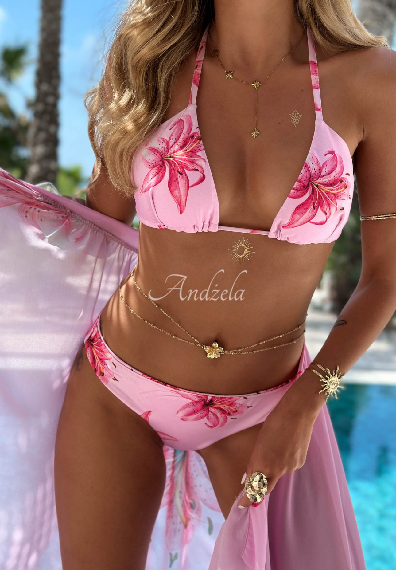 Souprava plavek bikini a parea s květinami Aloha Mermaid růžový