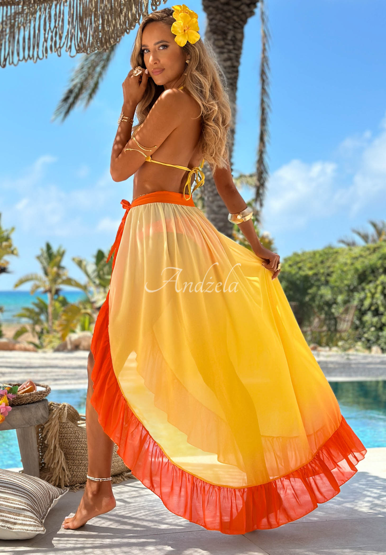 Souprava plavky bikini a pareo s volánky Aloha Sunset žluto-oranžová