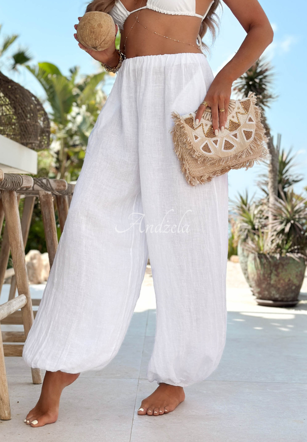 Lněn&eacute; har&eacute;mov&eacute; kalhoty se stahovac&iacute;mi lemy Sun Outfit b&iacute;l&eacute;