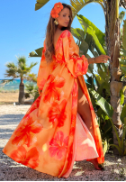 Šaty maxi z długimi rękawami w kwiaty Aloha Bloom oranžová