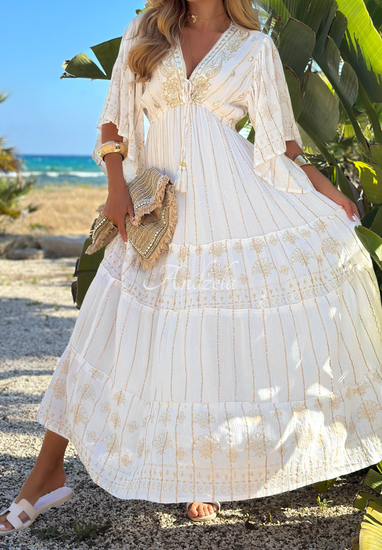 Viskózové boho šaty se zlatými výšivkami Palm Royale ecru