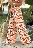 materiálové Kalhoty wide leg vzorované Island Tan biało-čokoládové