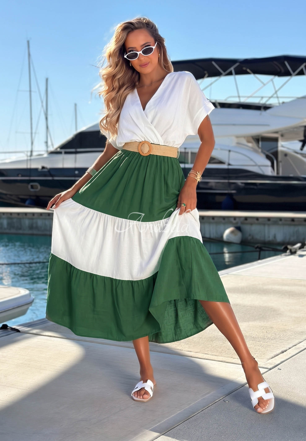 Viskózové midi šaty s páskem Ocean Dream bílo-khaki
