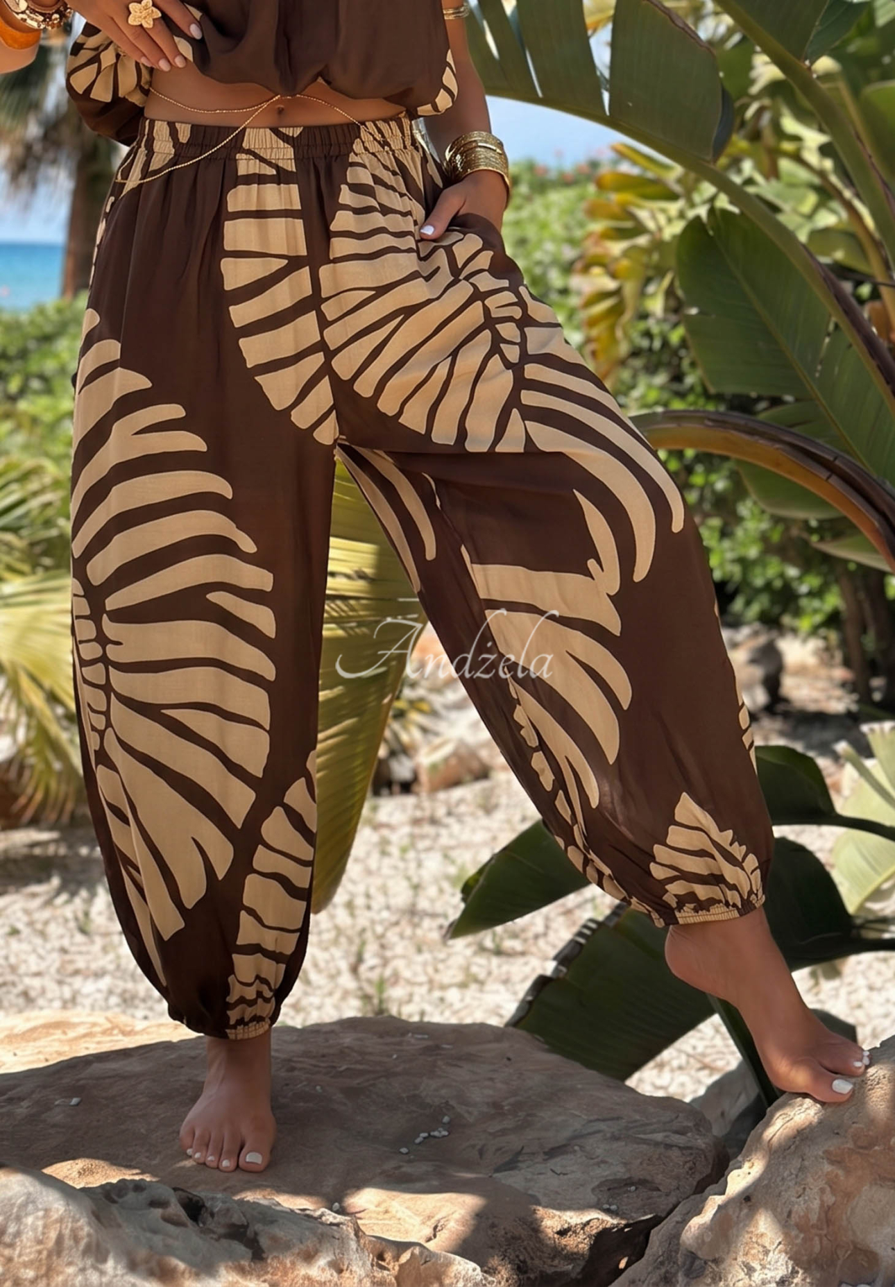 Vzorované bavlněné kalhoty balloon Summer Shore čokoládové
