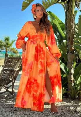 Maxi šaty s dlouhými rukávy s květy Aloha Bloom oranžová