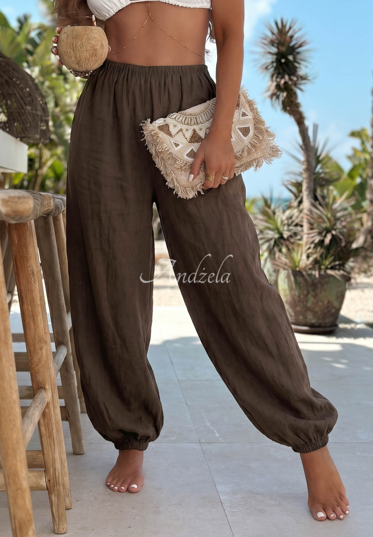 Lněné harémové kalhoty se stahovacími lemy Sun Outfit čokoládové
