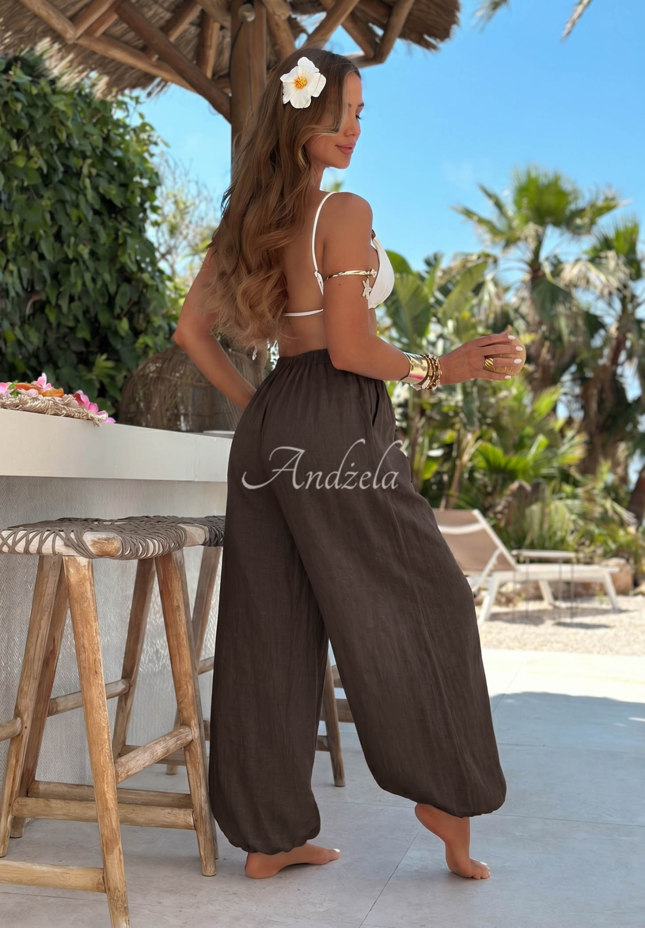 Lněné harémové kalhoty se stahovacími lemy Sun Outfit čokoládové