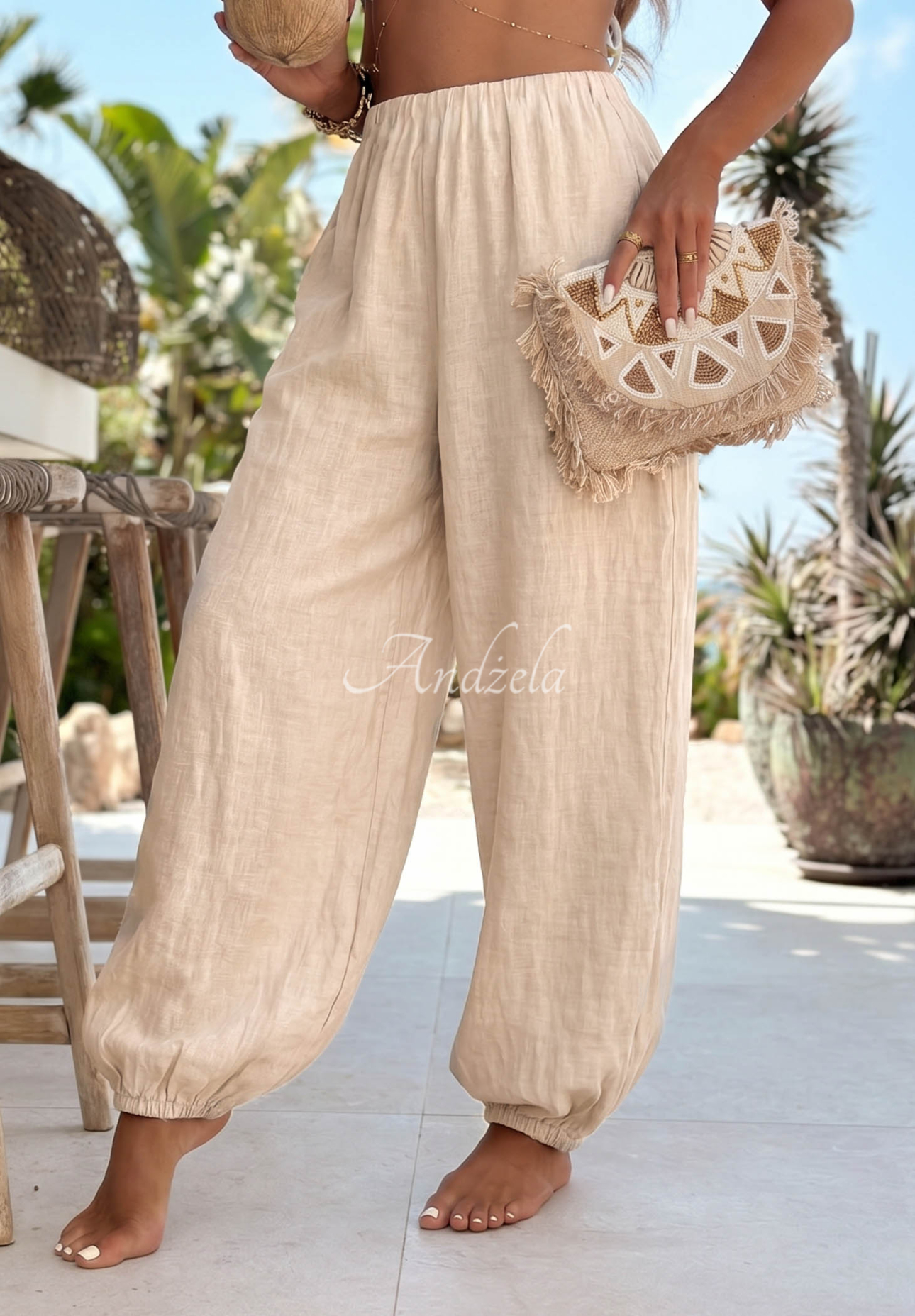Lněné harémové kalhoty se stahovacími lemy Sun Outfit béžové