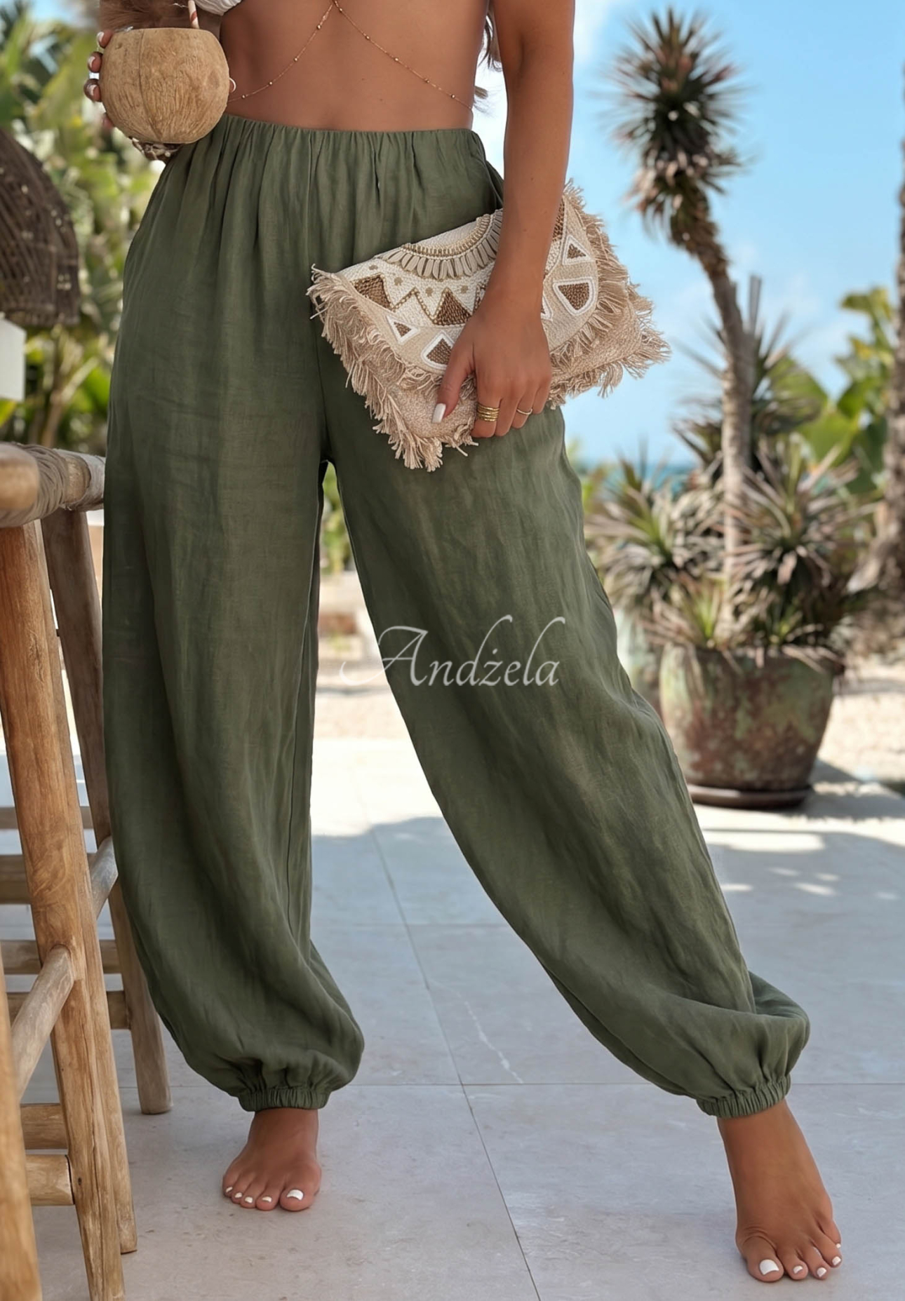 Lněné harémové kalhoty se stahovacími lemy Sun Outfit khaki