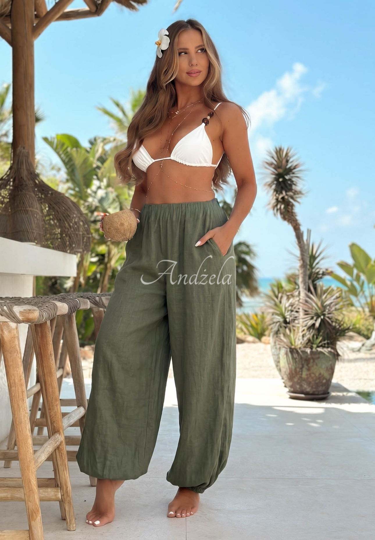 Lněné harémové kalhoty se stahovacími lemy Sun Outfit khaki