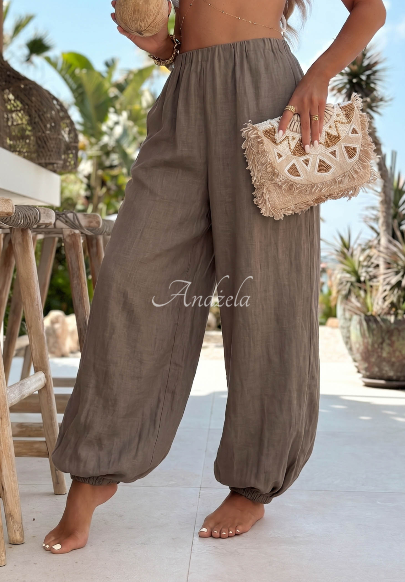 Lněné harémové kalhoty se stahovacími lemy Sun Outfit Mokka