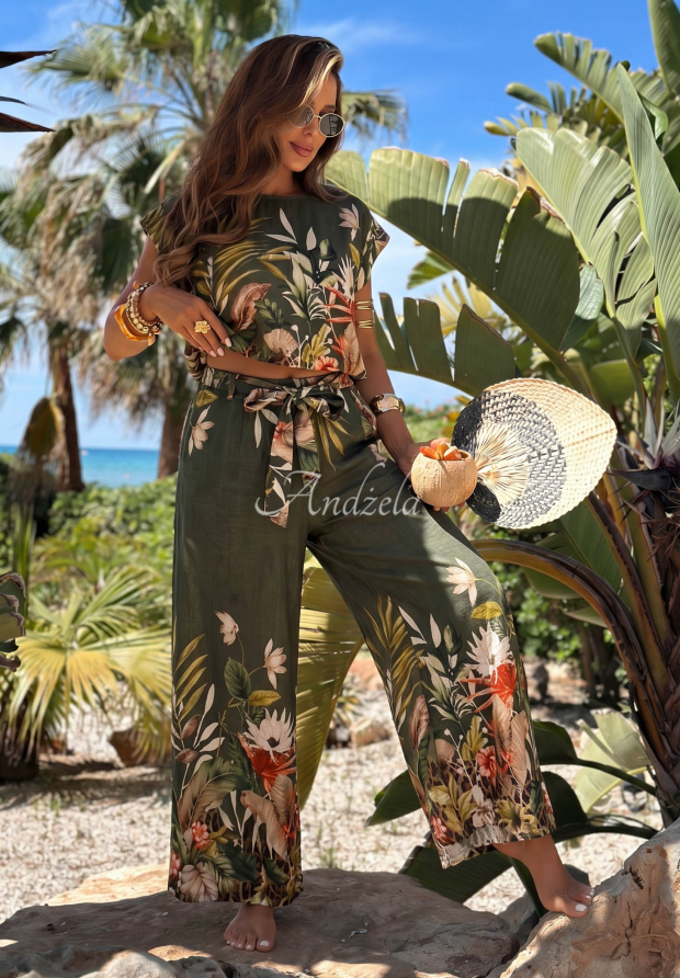 Vzorovan&aacute; souprava halenka a wide leg kalhoty z visk&oacute;zy Tropical Flora khaki
