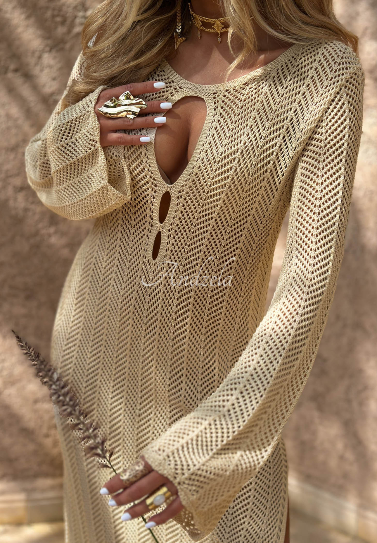 Ažurové maxi šaty boho Morocco by Jaqueline béžová