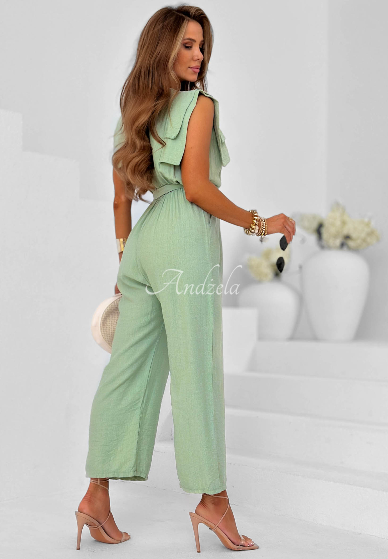 Dlouhý viskózový overal wide leg s páskem Warm Sands pistáciový