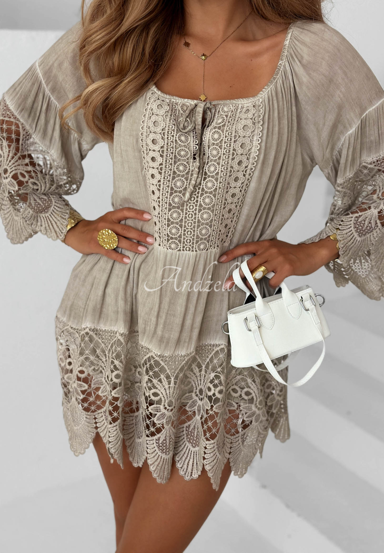Viskózová boho halenka tunika s krajkou Sunny Lagoon béžová