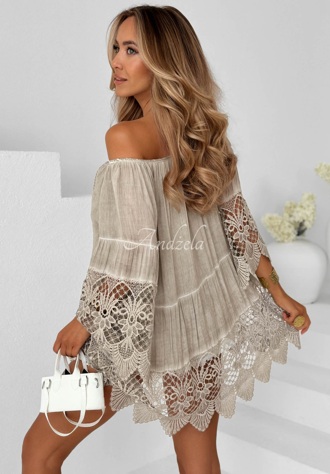 Viskózová boho halenka tunika s krajkou Sunny Lagoon béžová
