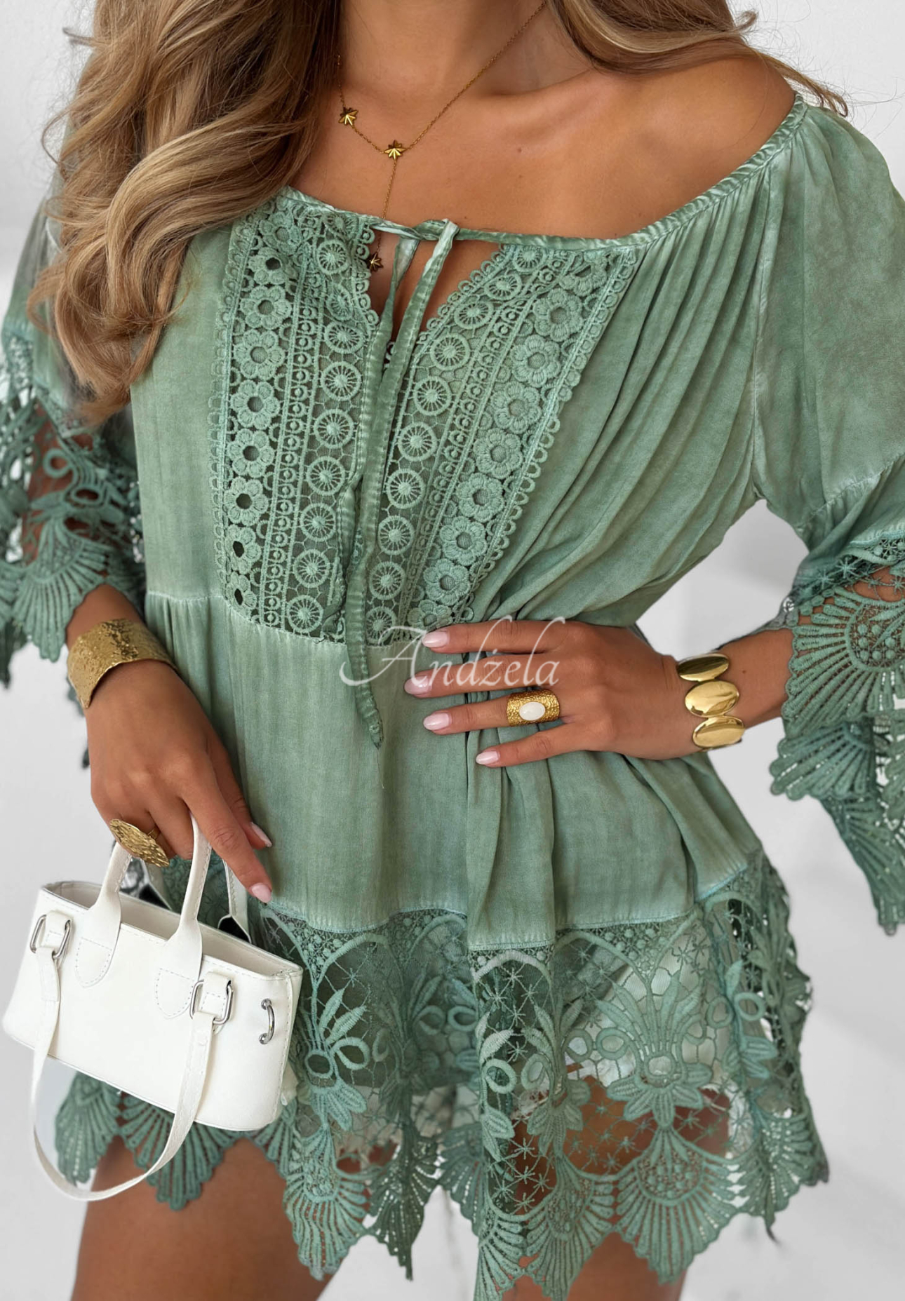 Viskózová boho halenka tunika s krajkou Sunny Lagoon pistáciová