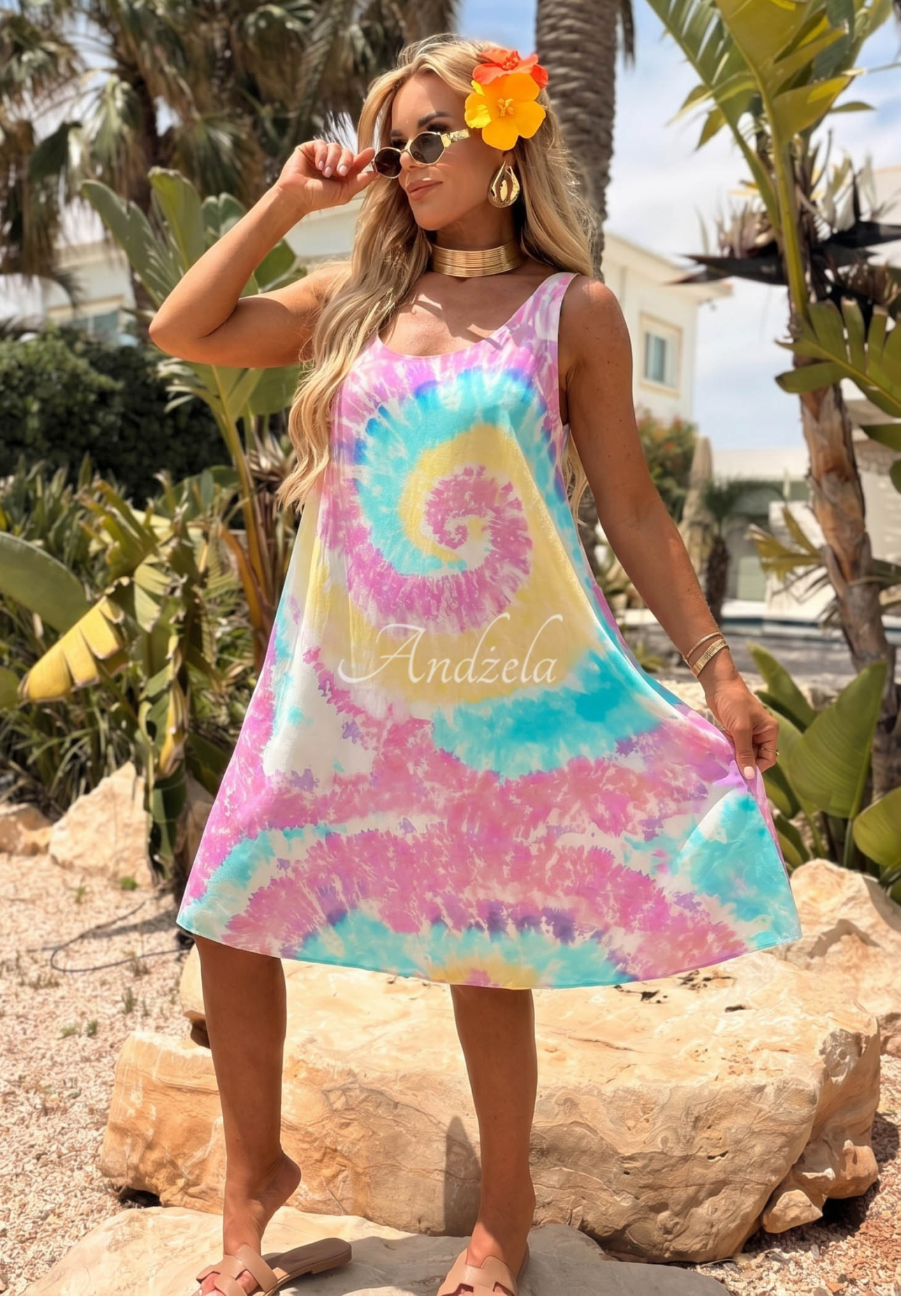 Viskózové mini tunikové šaty na ramínka tie dye Pastel Tropics světle modro-růžové