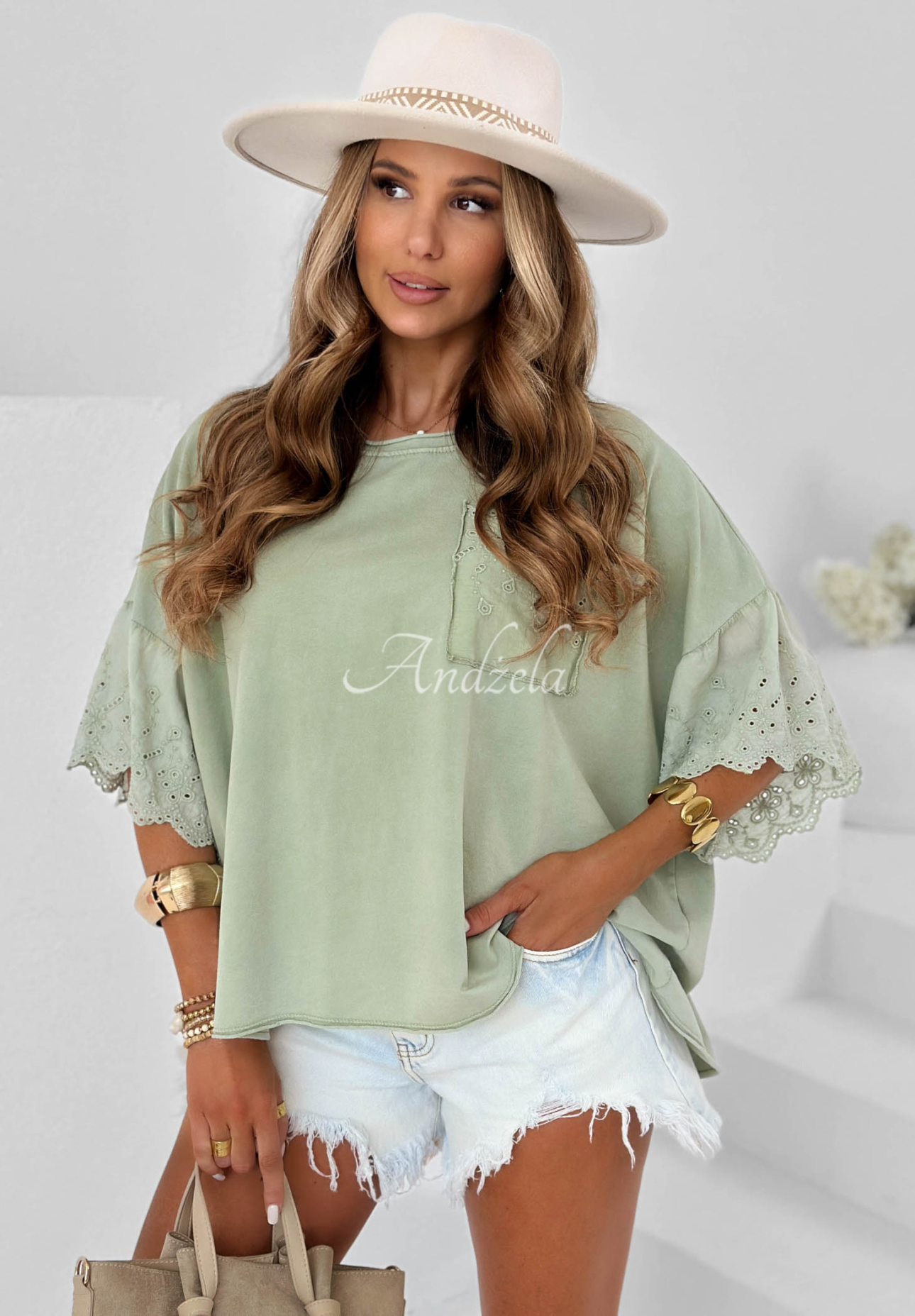 Bavlněná oversize halenka s ažurovými vzory Sun Umbrella khaki