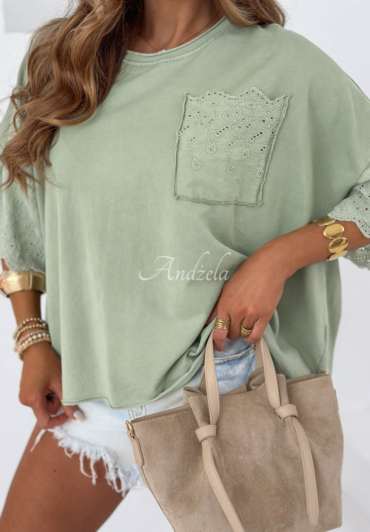 Bavlněná oversize halenka s ažurovými vzory Sun Umbrella khaki
