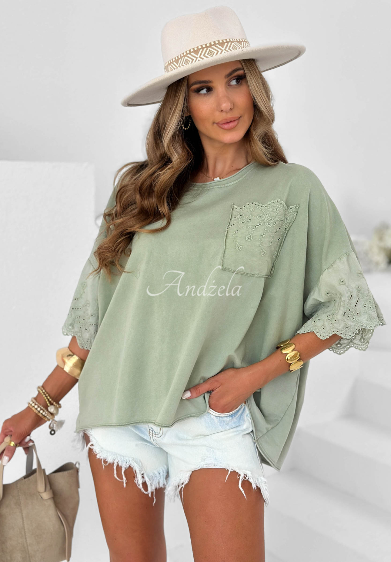 Bavlněná oversize halenka s ažurovými vzory Sun Umbrella khaki