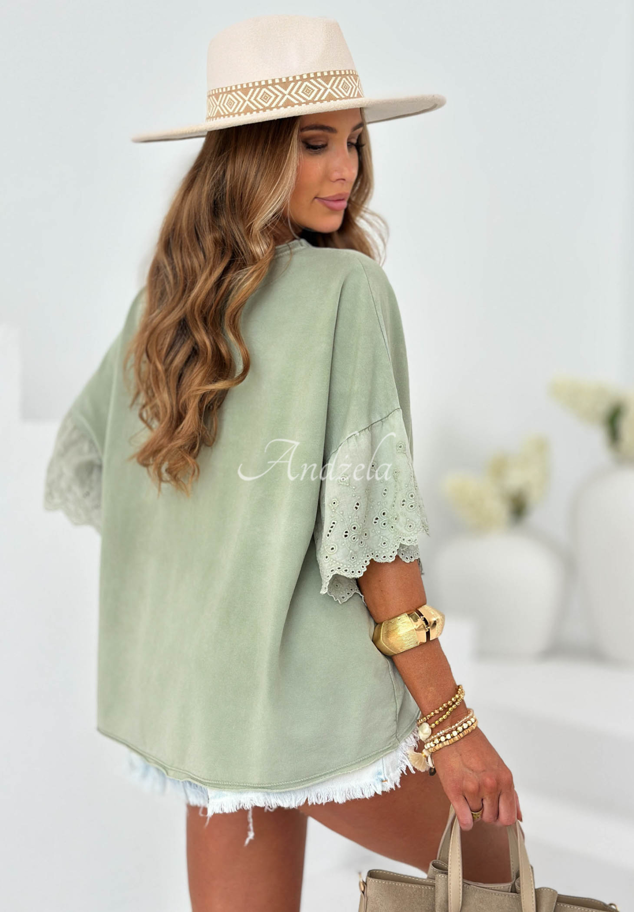 Bavlněná oversize halenka s ažurovými vzory Sun Umbrella khaki