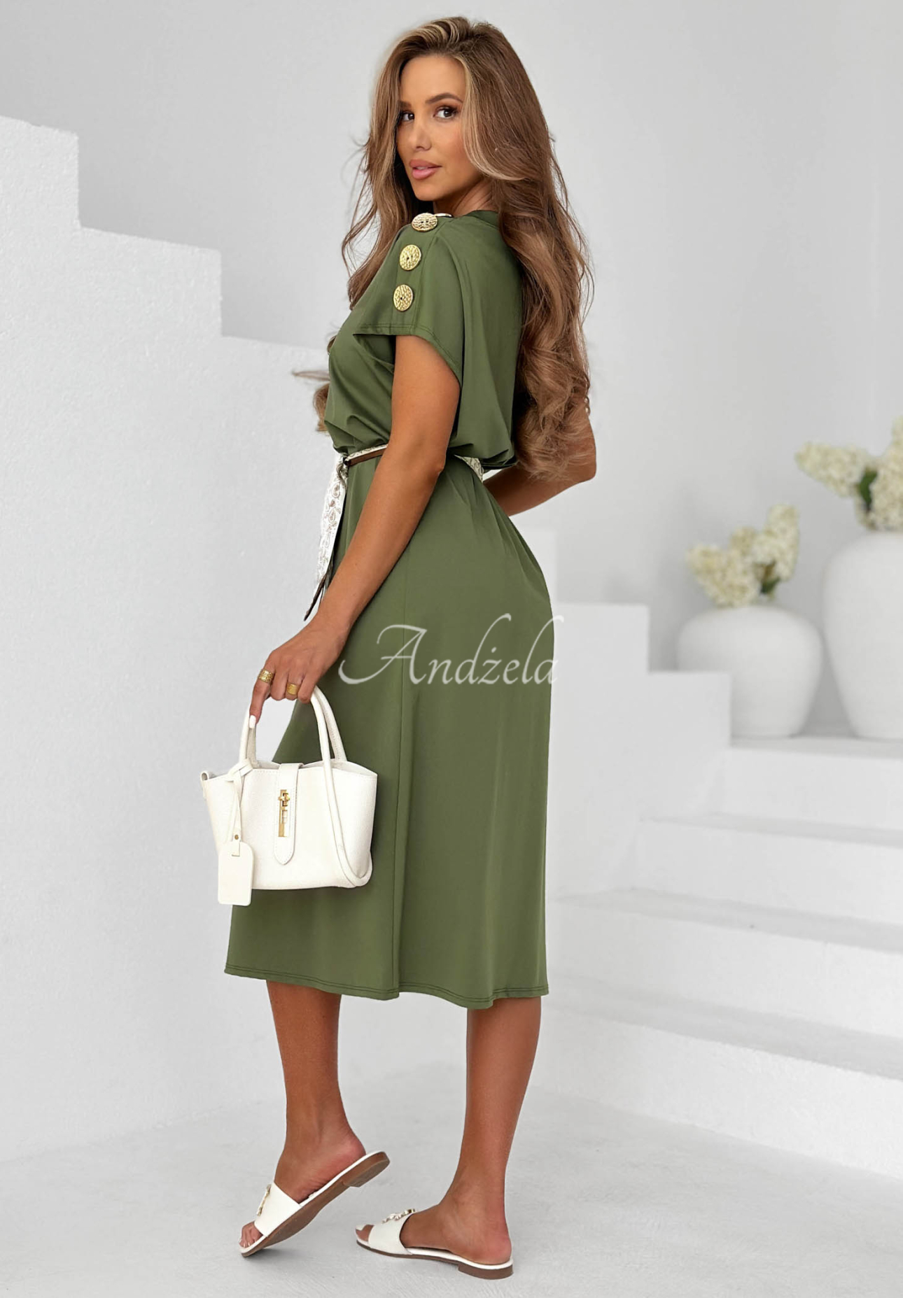 Viskózové midi šaty se šátkem a ozdobnými knoflíky Sailor Charm khaki