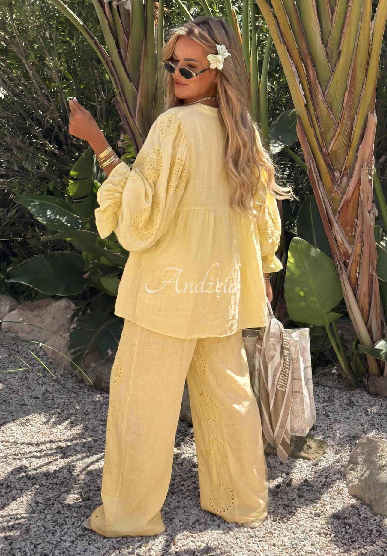 Vyšívané boho kalhoty wide leg z bavlny Ti Amo žluté