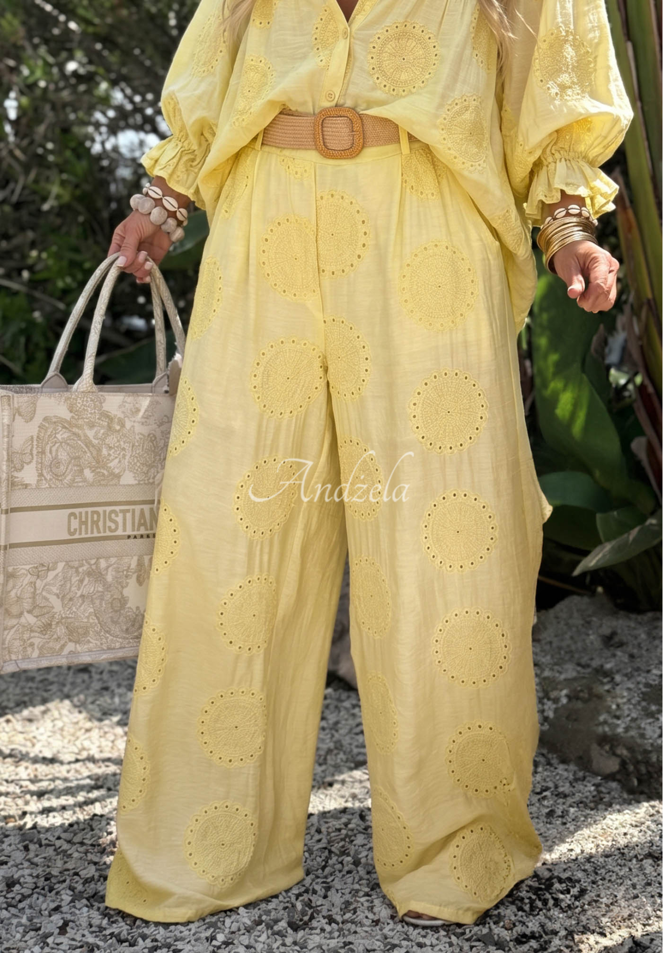 Vyšívané boho kalhoty wide leg z bavlny Ti Amo žluté