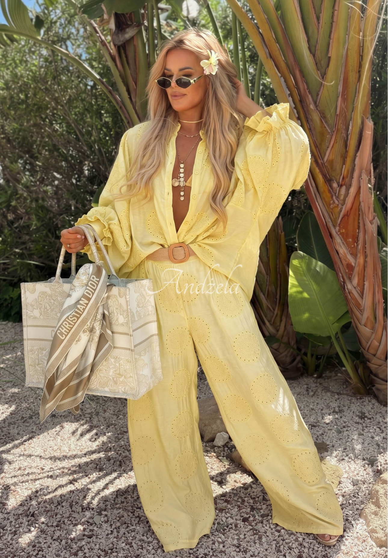 Vyšívané boho kalhoty wide leg z bavlny Ti Amo žluté